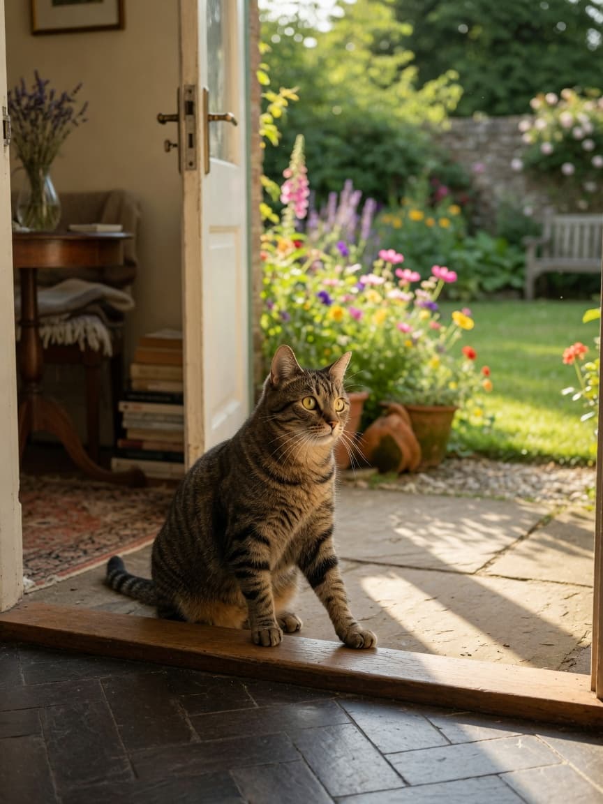 Tabby cat sitting at open garden door, one paw indoors and one outdoors, symbolizing the choice between indoor and outdoor cat life