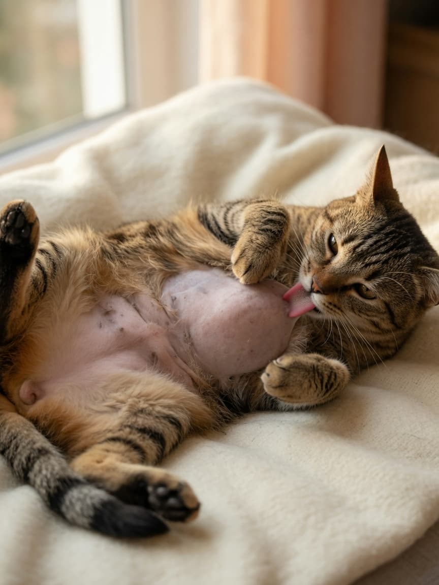 Close-up of a tabby cat with symmetrical hair loss on its belly, actively grooming the affected area while lying on a cream blanket in natural window light