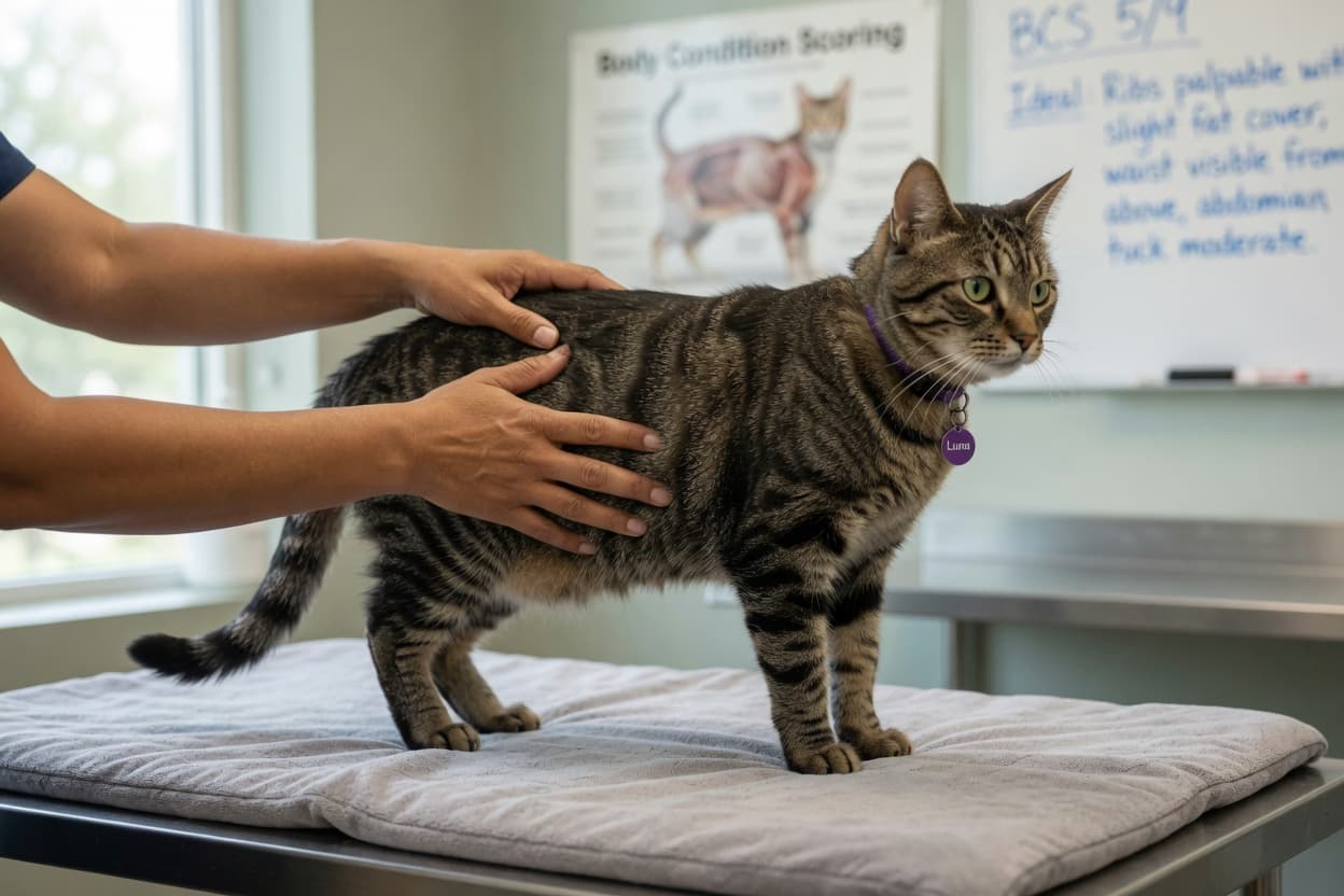 Veterinarian's hands performing body condition score assessment on a tabby cat, demonstrating rib palpation technique during physical examination