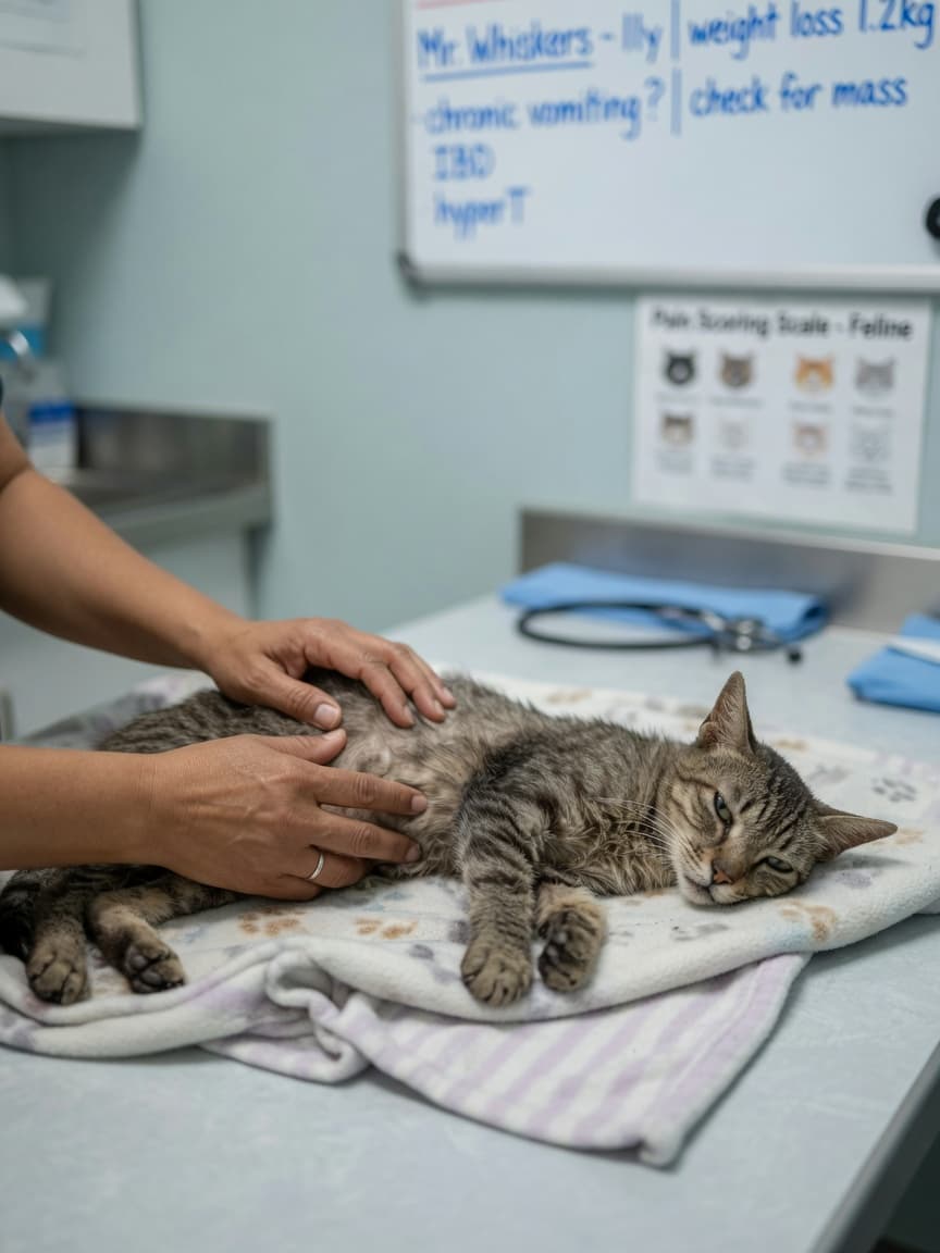 Veterinarian gently examining a thin, lethargic tabby cat for signs of pancreatitis during a clinical examination