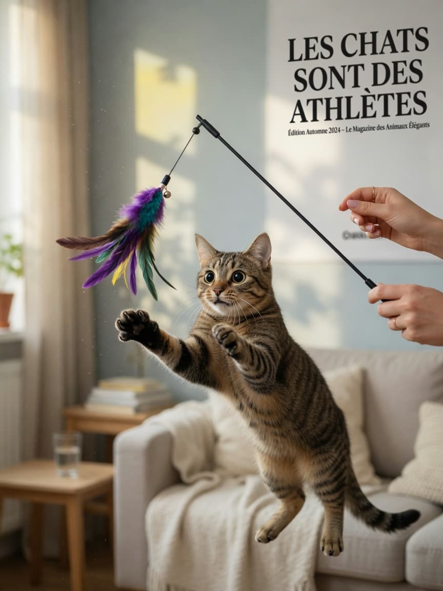 A tabby cat pouncing on a feather wand toy with dilated pupils and low twitching tail, showing intense hunting behavior during interactive play
