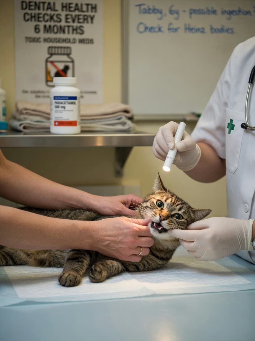 Veterinarian examining a cat's gums during an emergency poisoning assessment