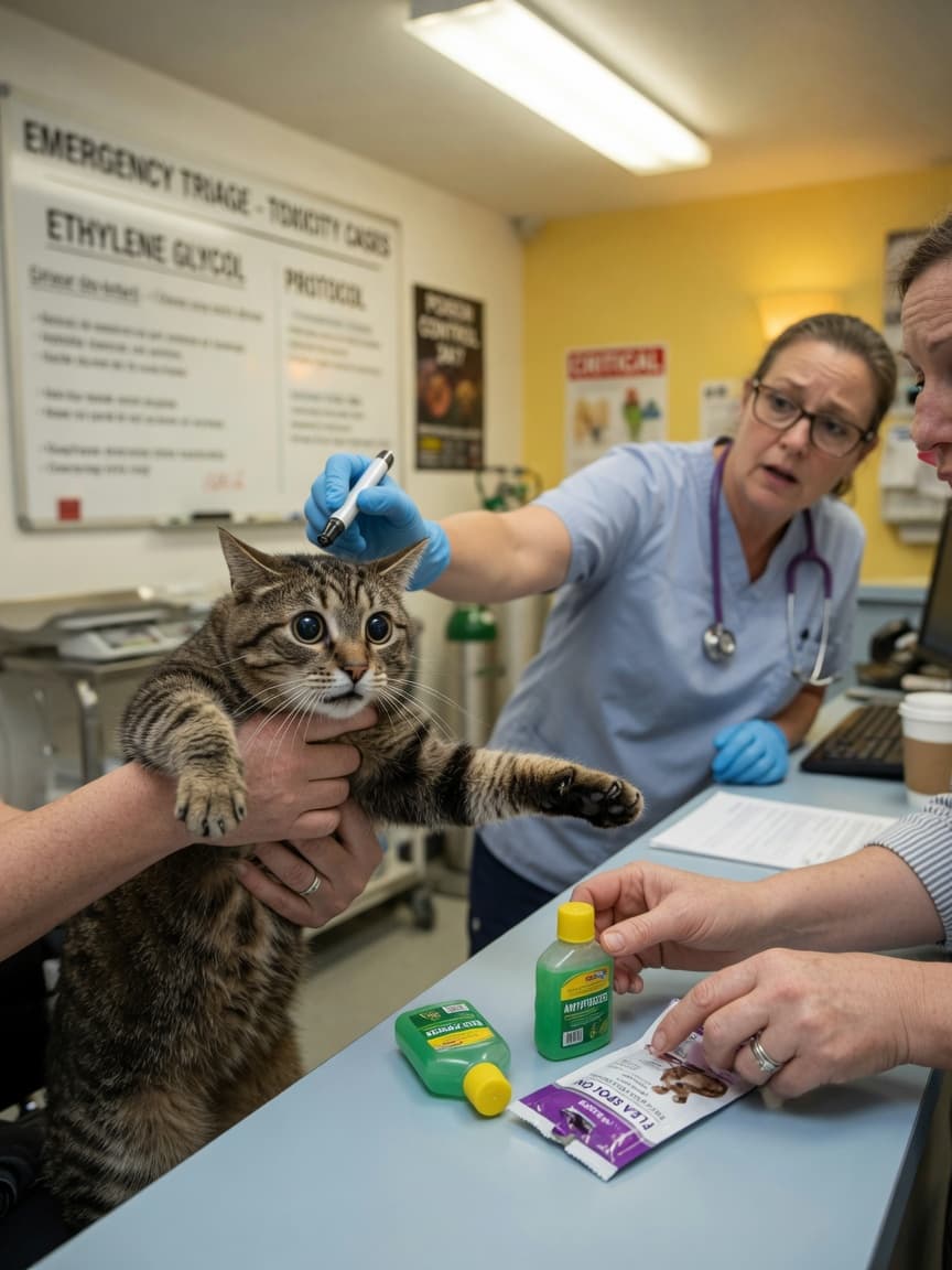 Frightened tabby cat with dilated pupils being rushed to emergency vet clinic by anxious owner, with antifreeze bottle and dog flea treatment visible on reception desk