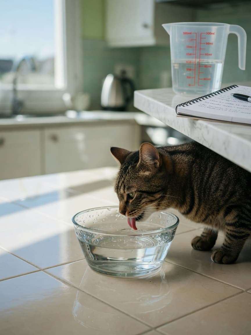 Tabby cat drinking from a clear water bowl with measuring jug and notes visible on kitchen counter