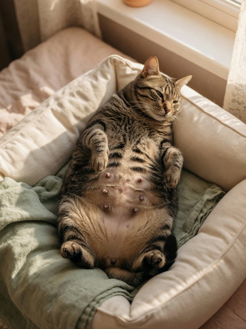 Pregnant tabby cat resting on a soft bed with visible abdominal growth, showing signs of feline gestation in warm natural light