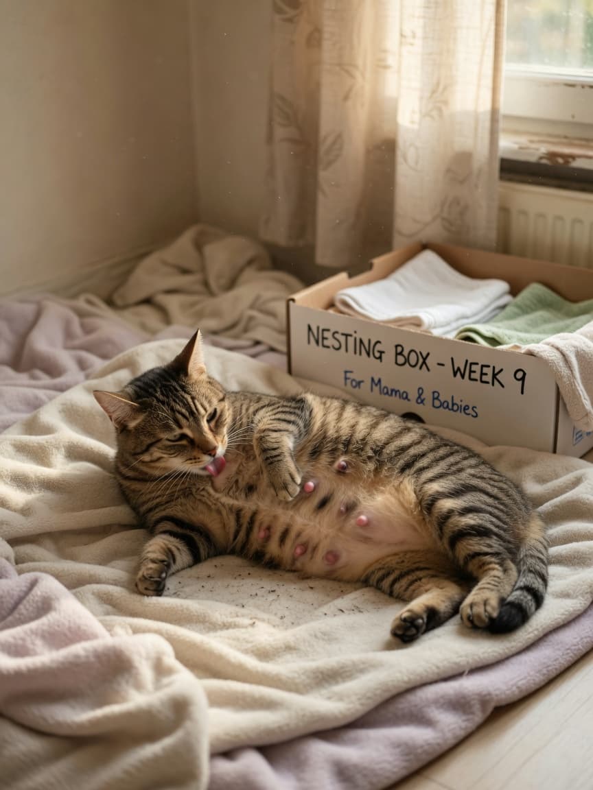 Pregnant tabby cat in nesting box preparing for labour