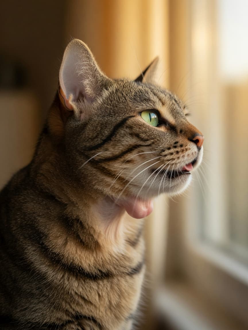 Close-up of a tabby cat's face showing purring motion, throat and jaw visible, warm window light