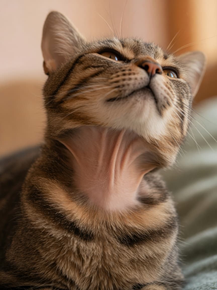Close-up of a cat's throat and larynx area with visible muscle contractions during purring, showing the source of the vibration