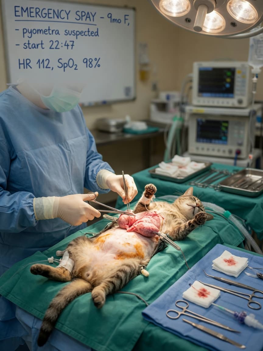 Veterinary surgeon performing emergency ovariohysterectomy surgery on a cat under operating theatre lights
