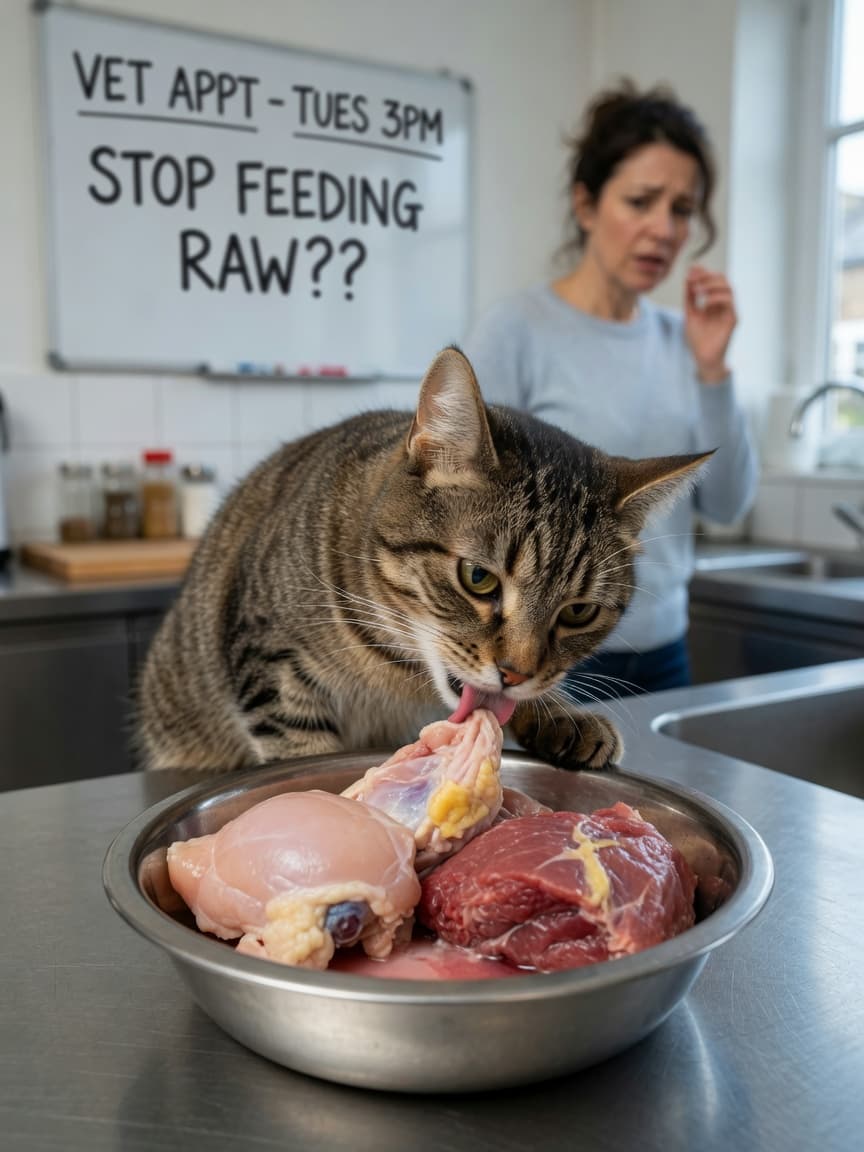 Cat eating raw meat from a bowl while owner watches with concern in the kitchen