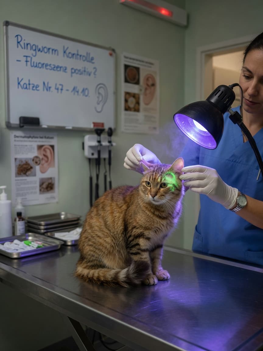 Veterinarian using a Wood's lamp to examine ringworm on a tabby cat's ear during diagnosis