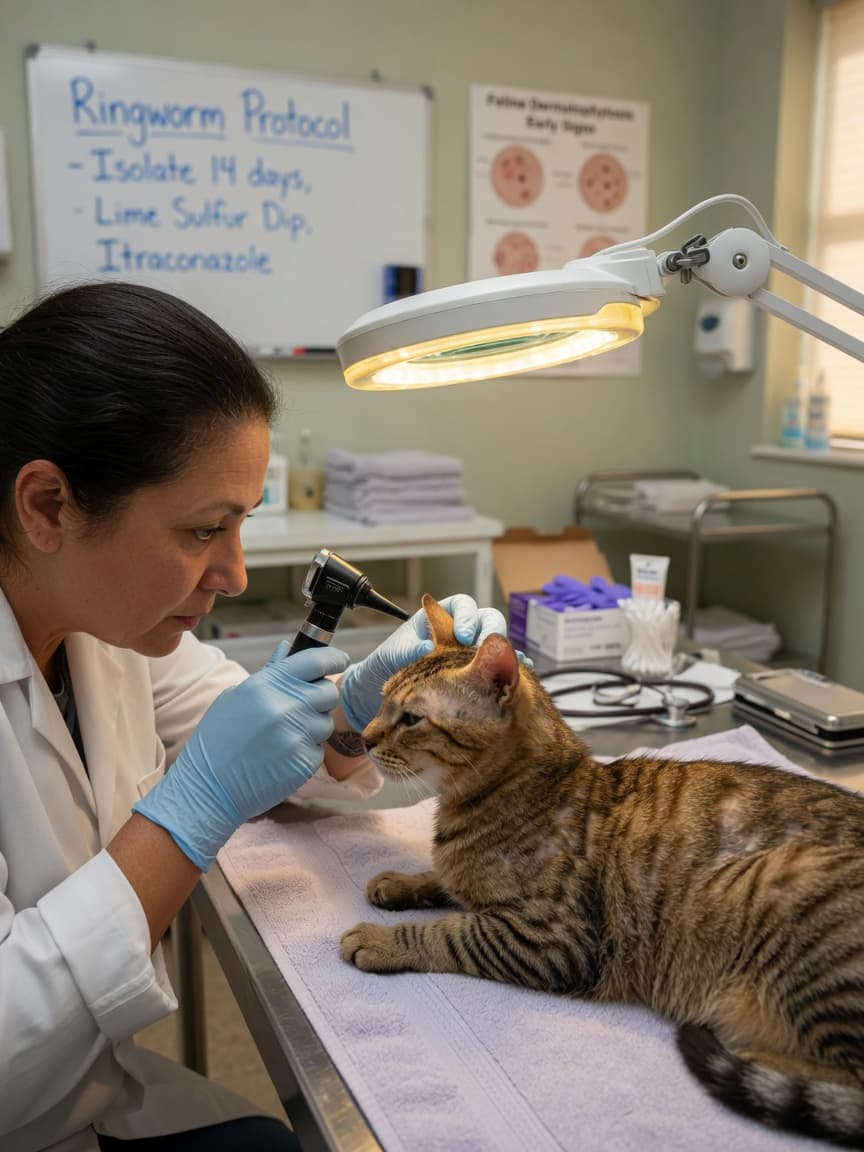 Veterinarian examining a tabby cat's head and ears for ringworm lesions using a magnifying lamp in a clinical setting