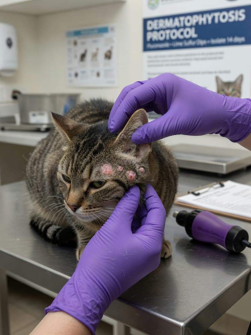Veterinarian examining a cat's ear showing ringworm lesions on the examination table