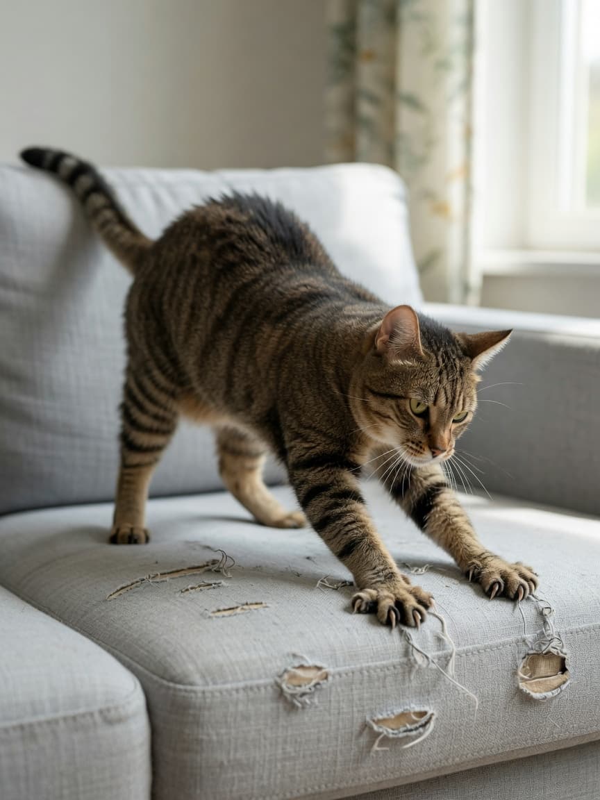 Tabby cat scratching a light grey sofa with extended claws, showing worn fabric and claw marks