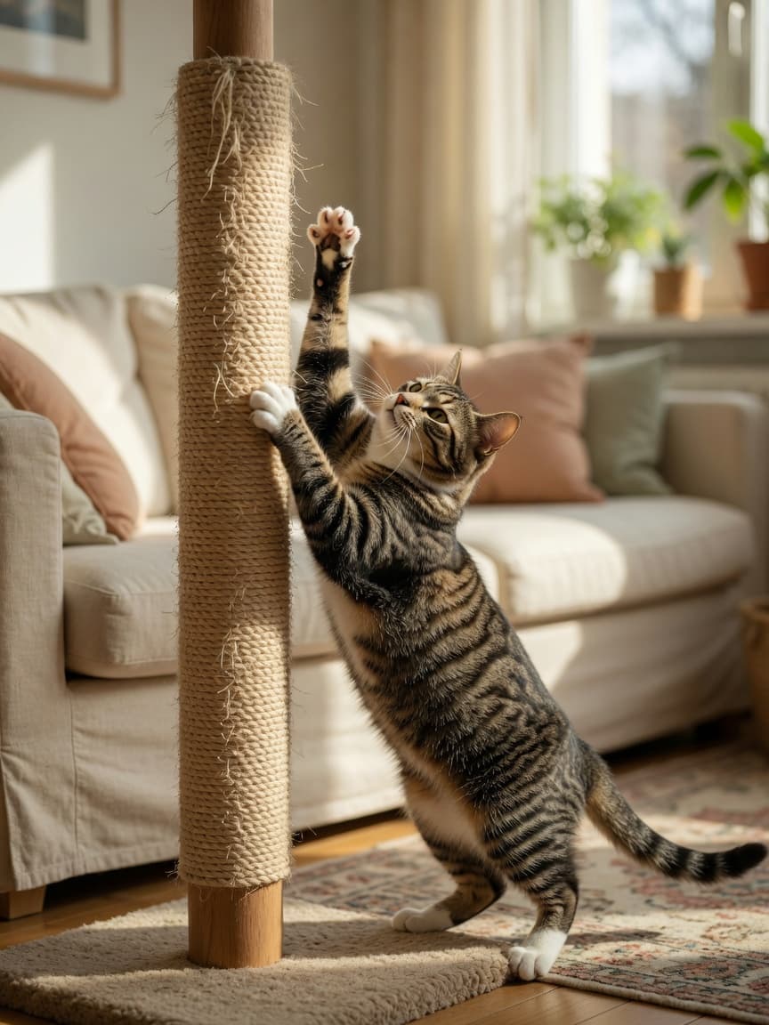 Cat stretching and scratching a tall sisal rope post in a living room with sunlight streaming through windows