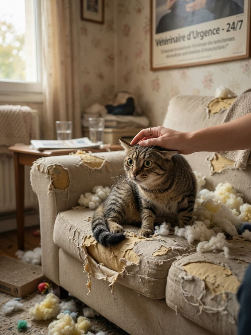Anxious tabby cat sitting on a damaged sofa with scattered stuffing, owner's hand comforting the distressed pet