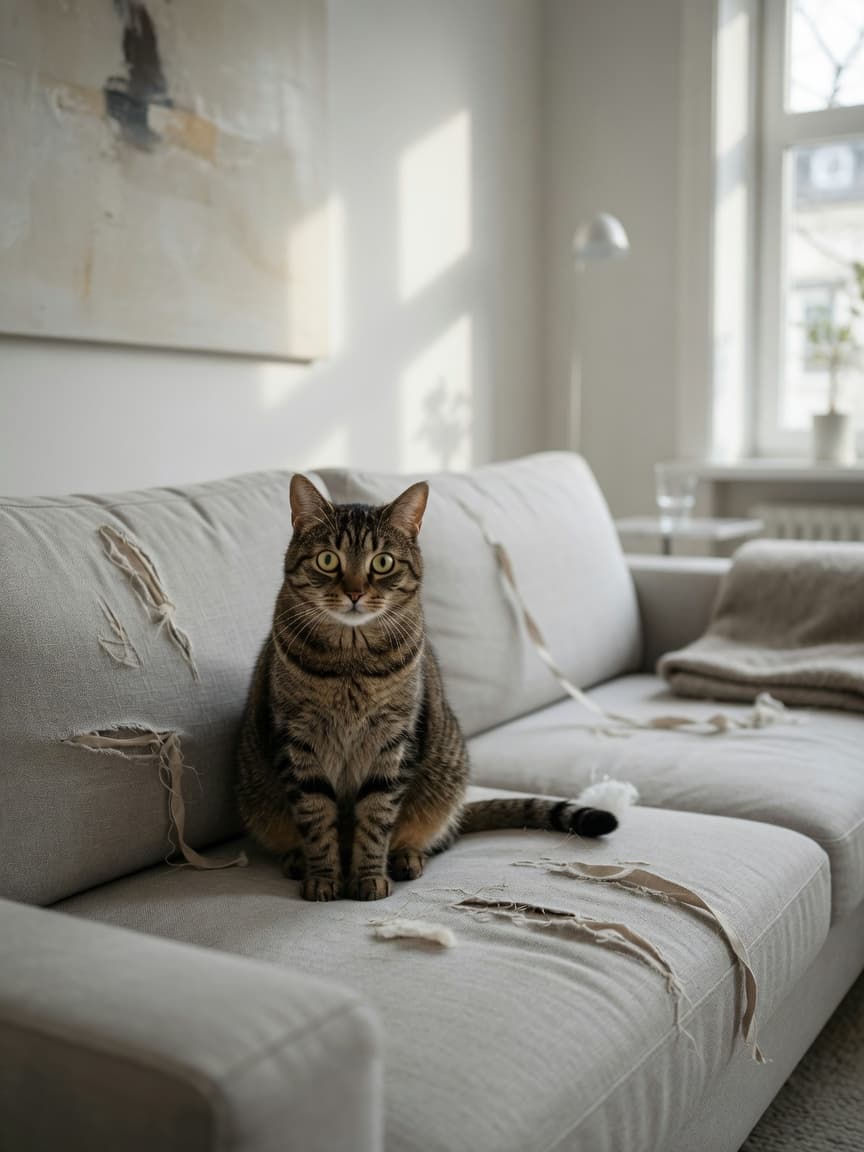 Anxious tabby cat on a torn sofa cushion, displaying separation anxiety behavior