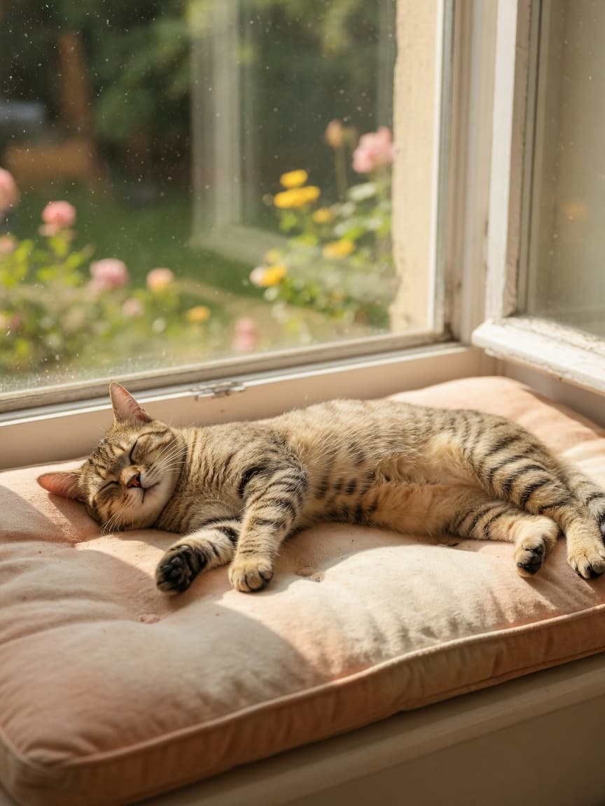 A tabby cat stretched out flat on a soft cushion in a sunny window, deeply asleep with exposed belly