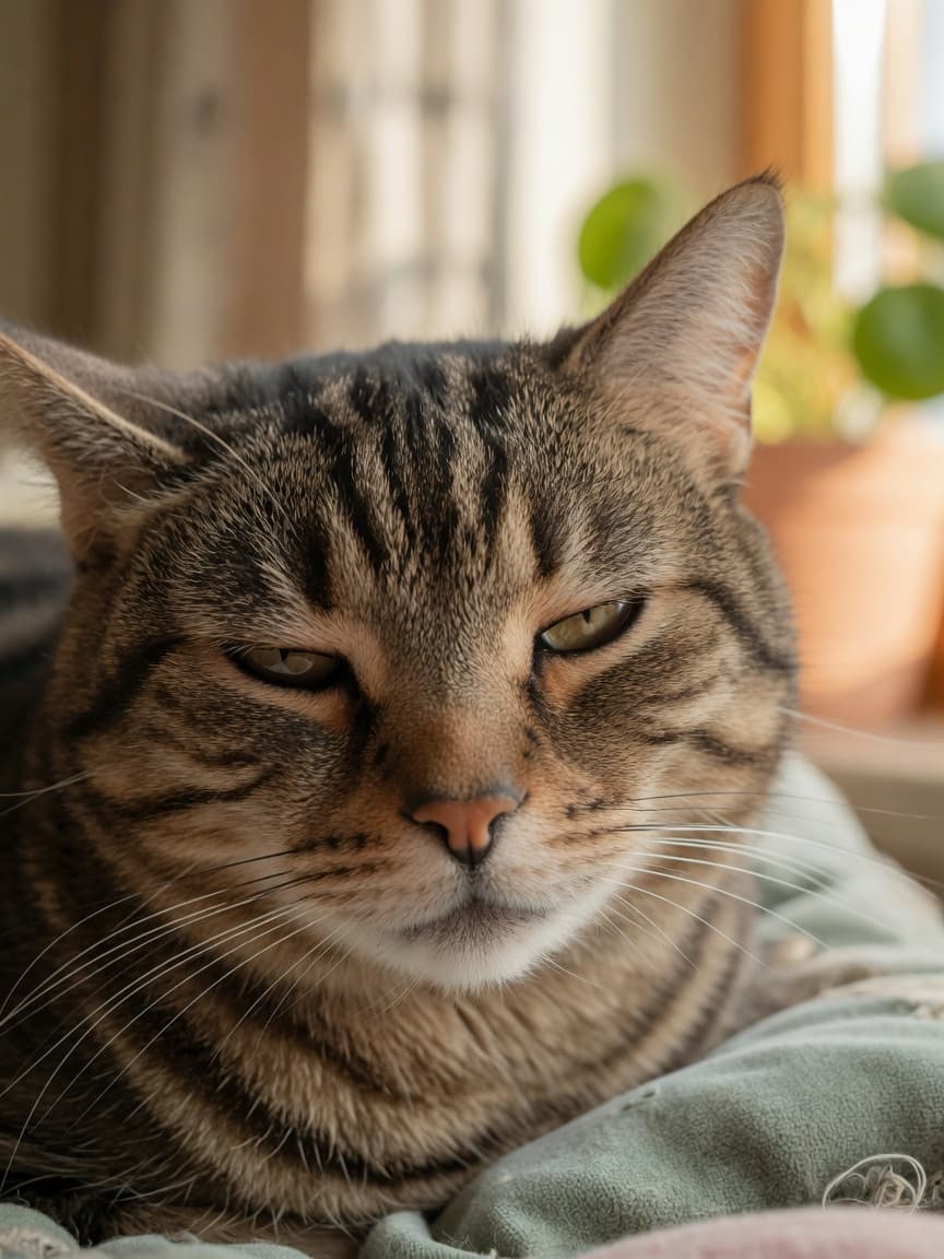 Close-up of a relaxed cat's face with soft, half-closed eyes performing a slow blink, showing trust and calm affection