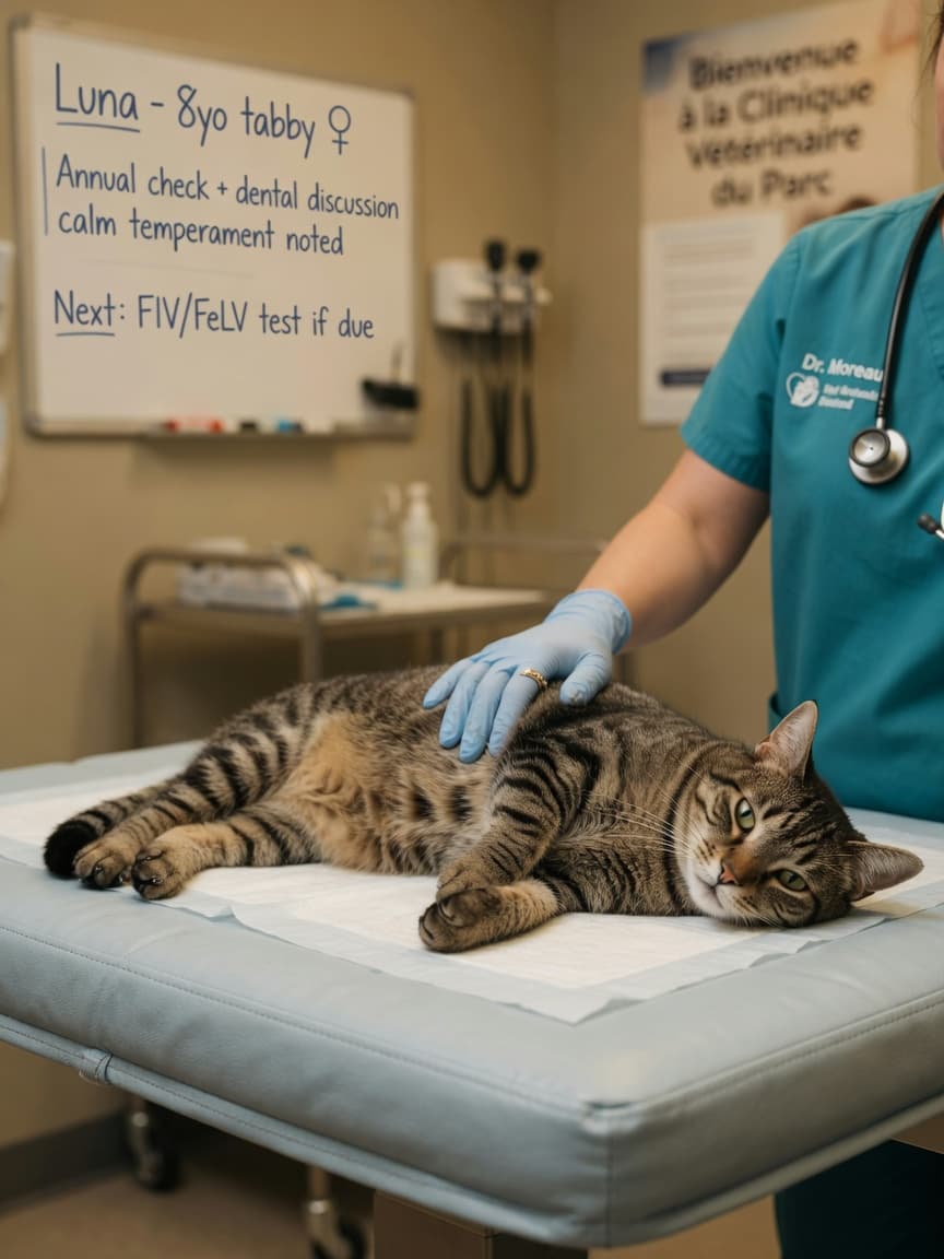 Calm female tabby cat on veterinary examination table with vet's reassuring hand during spaying consultation