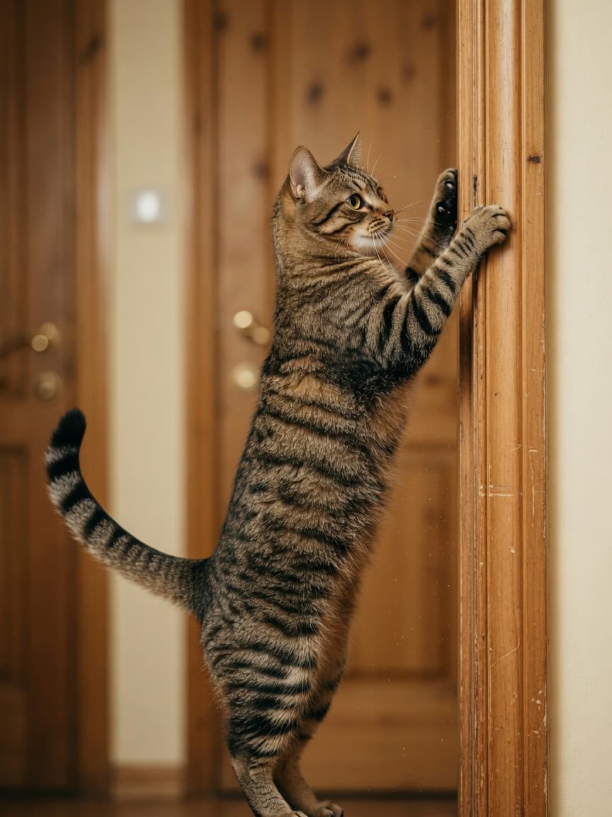 Tabby cat standing upright against a wooden door frame with tail quivering, demonstrating cat spraying marking behavior