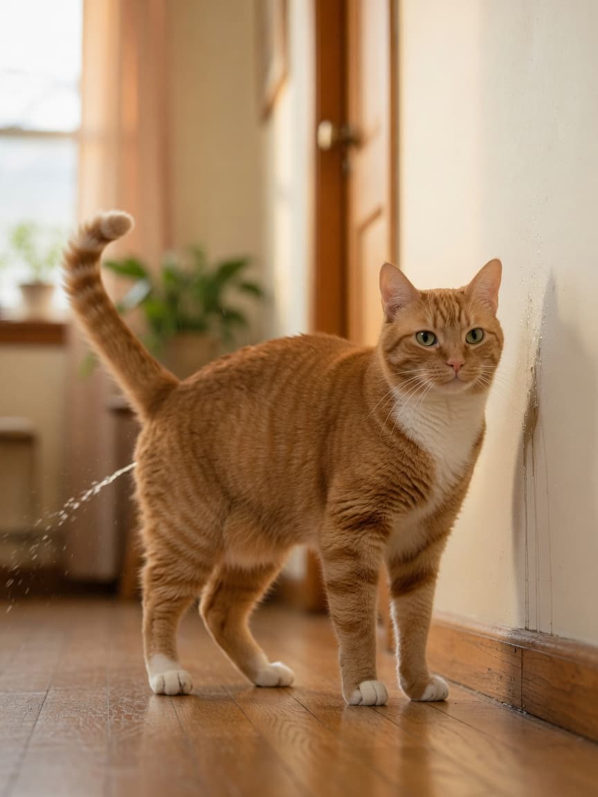Orange tabby cat spraying on a vertical wall with raised, quivering tail in classic territorial marking behavior