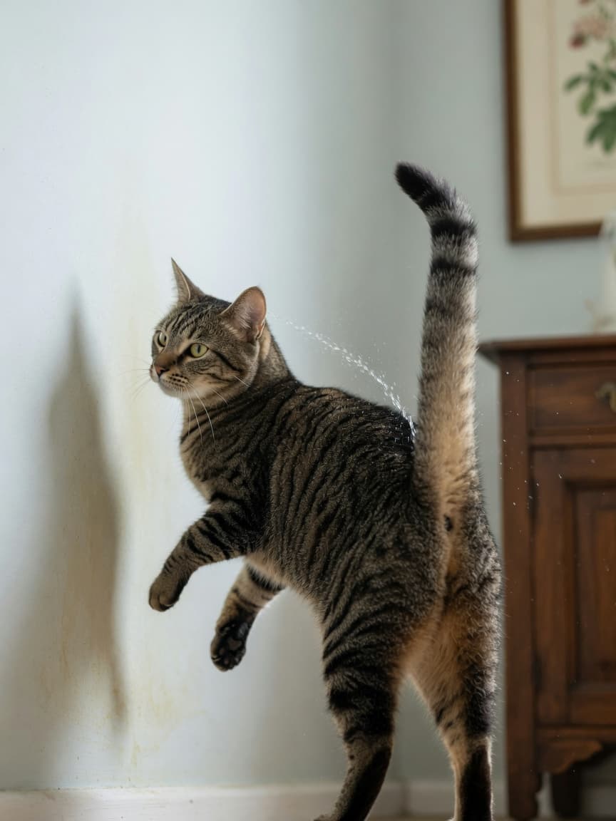 Cat in mid-spray marking behaviour against a vertical surface indoors, tail raised and quivering