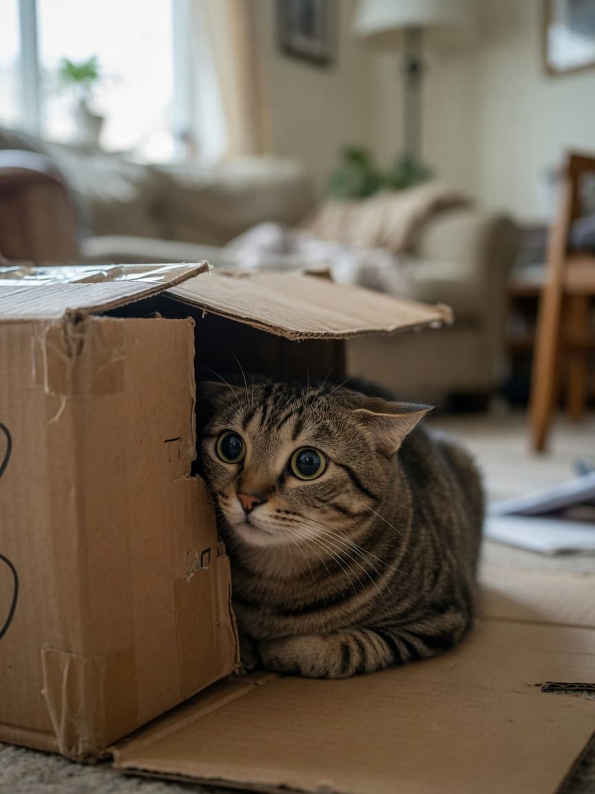 Stressed tabby cat with flattened ears hiding behind a cardboard box, showing anxiety and withdrawn behavior