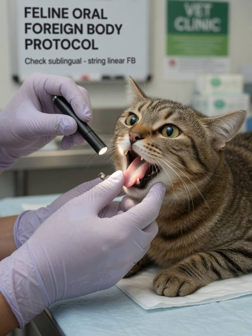 Veterinarian examining inside a tabby cat's mouth for string or foreign material during a clinical examination