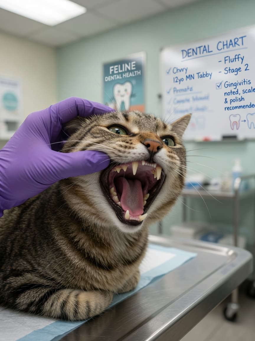 Veterinarian examining a tabby cat's open mouth and teeth during a dental health check