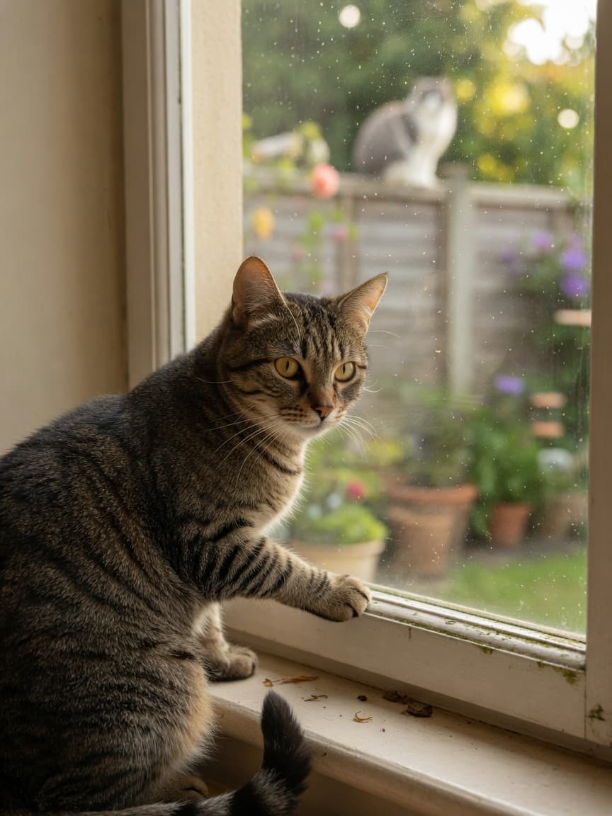 Alert tabby cat watching from windowsill, demonstrating territorial awareness as another cat appears outdoors