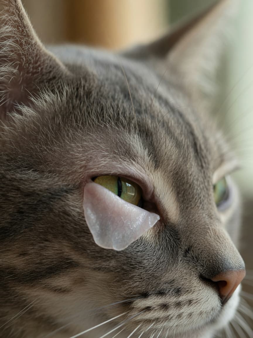 Close-up of a cat's eye showing visible third eyelid membrane protruding from the inner corner