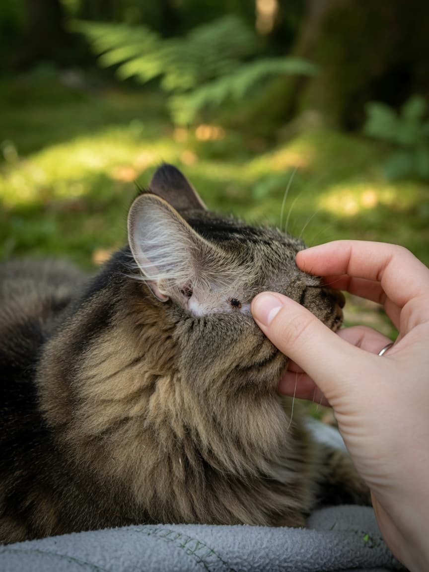 Close-up of a cat's neck and ear being checked for ticks by an owner's hand, with a visible tick on the skin