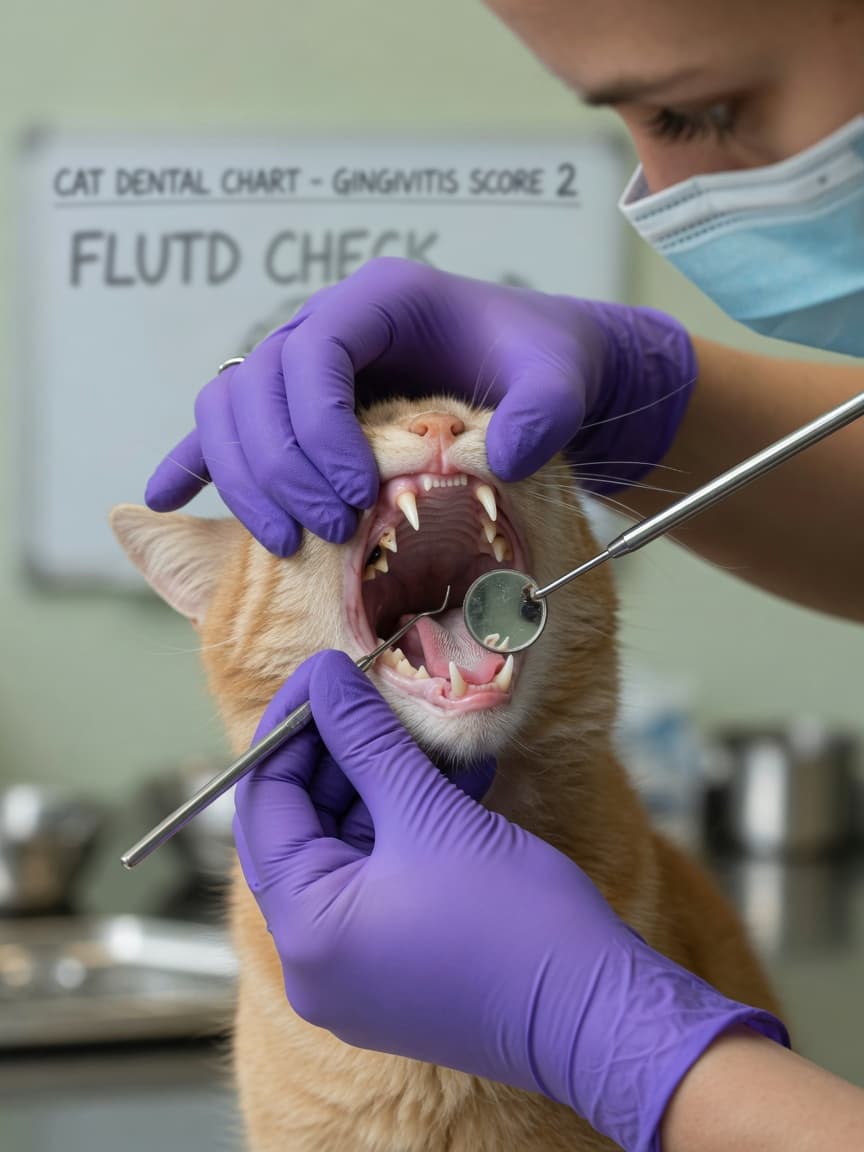 Veterinary dental examination of a cat's teeth showing potential resorption damage during professional oral inspection