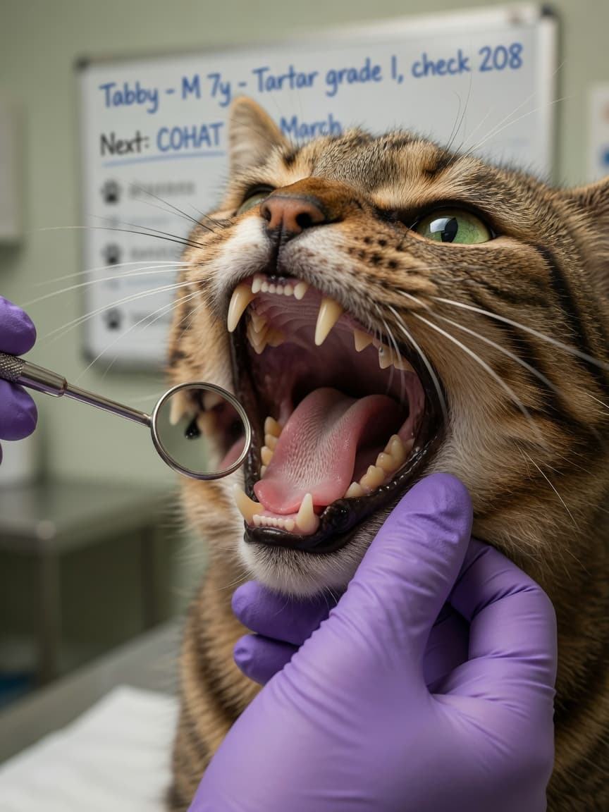 Close-up of a tabby cat's open mouth during veterinary dental examination showing teeth and gums, with a veterinarian's gloved hand and dental mirror visible