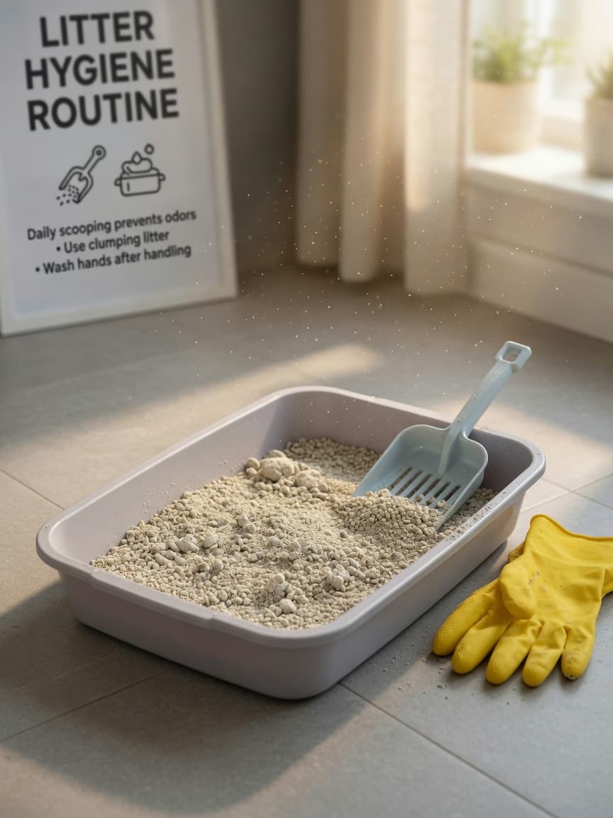 Clean cat litter tray with shovel and rubber gloves on a tile floor, with morning light and a soft blurred background, emphasizing safe litter box hygiene practices.