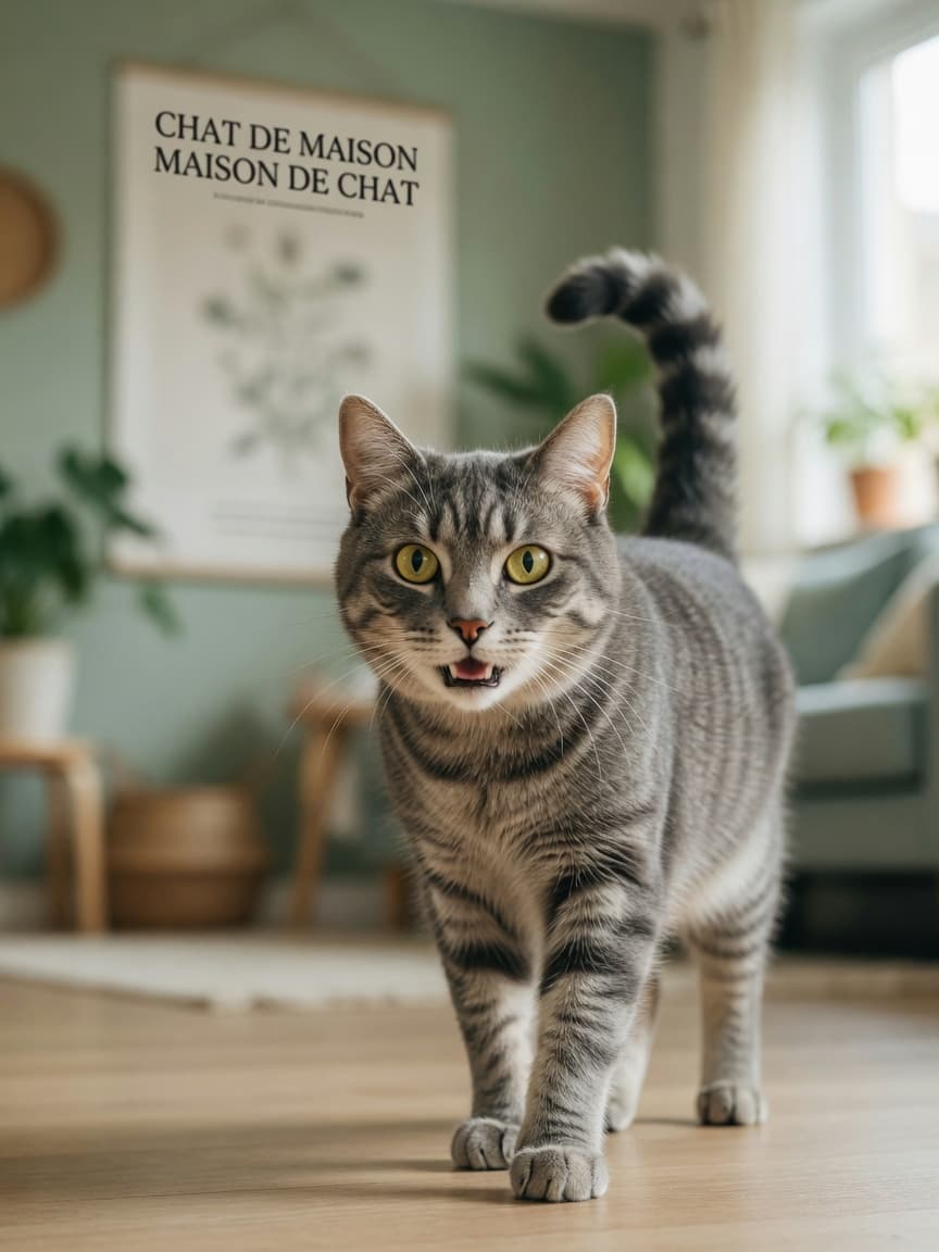 Gray tabby cat with yellow-green eyes trilling affectionately with mouth open, walking forward with raised tail in warm home lighting