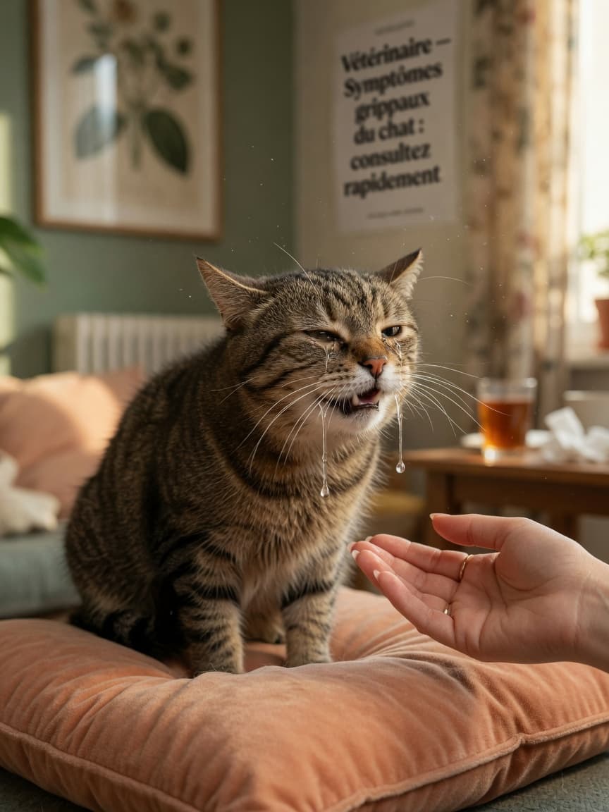 Sick tabby cat with watery eyes and nasal discharge, showing upper respiratory infection symptoms