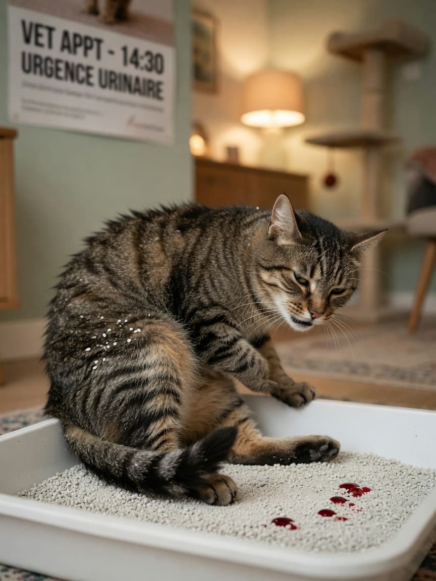 Male tabby cat straining in litter tray showing signs of urethral blockage pain and discomfort