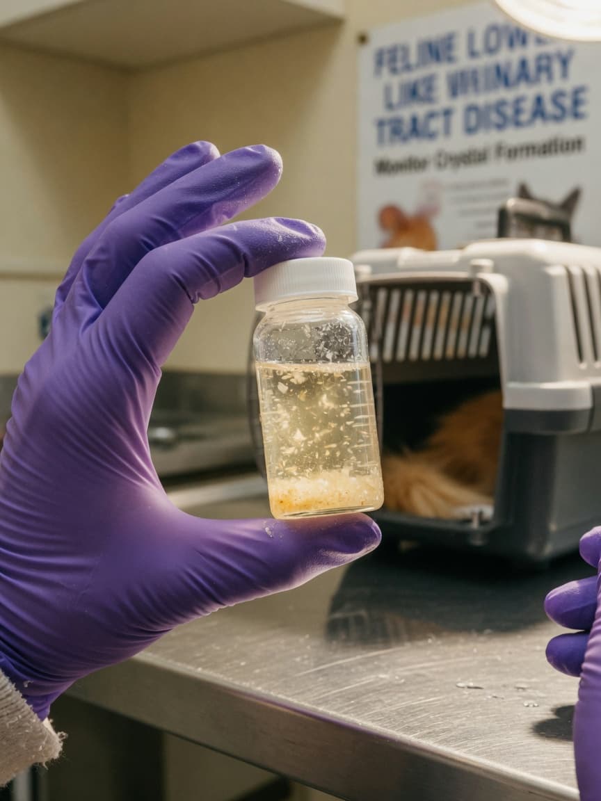 Veterinarian examining a urine sample vial with crystalline sediment on an examination table