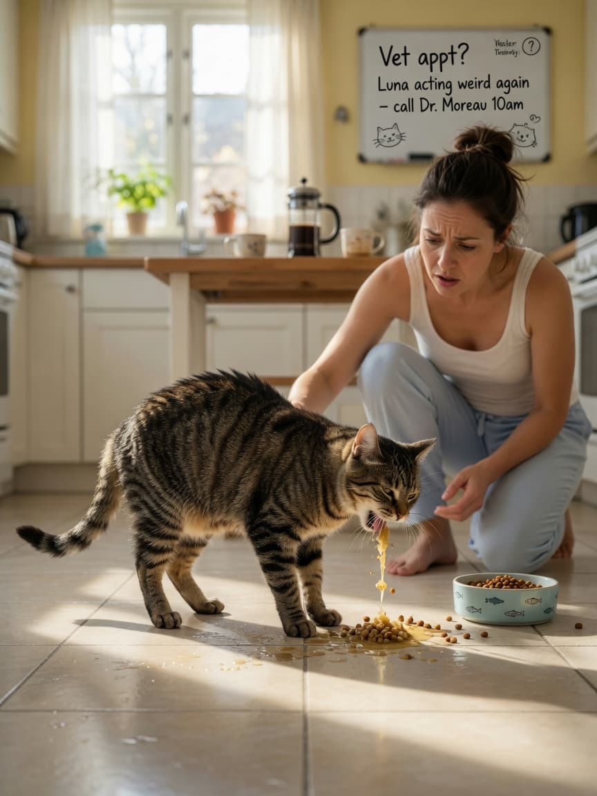Tabby cat actively vomiting on tile floor with concerned owner watching nearby in bright kitchen