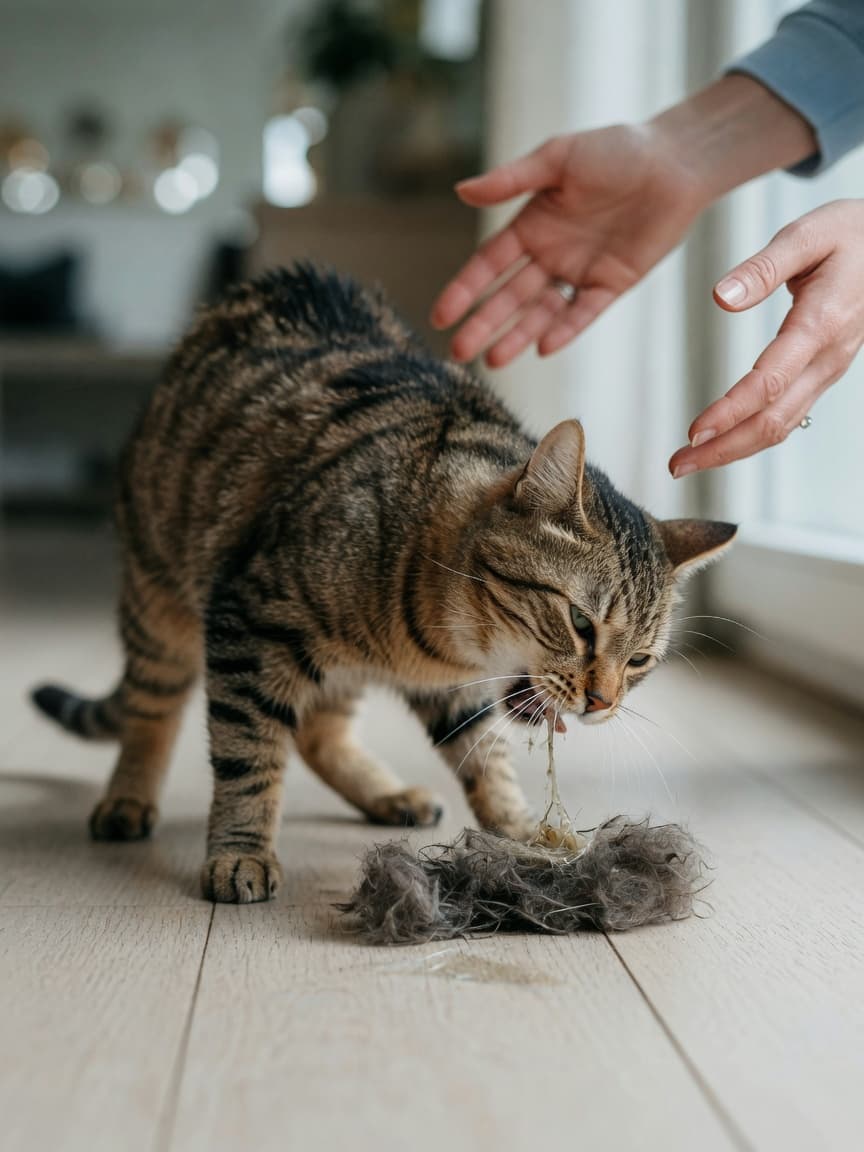 Tabby cat vomiting a visible hairball on wooden floor with concerned owner hands reaching toward it