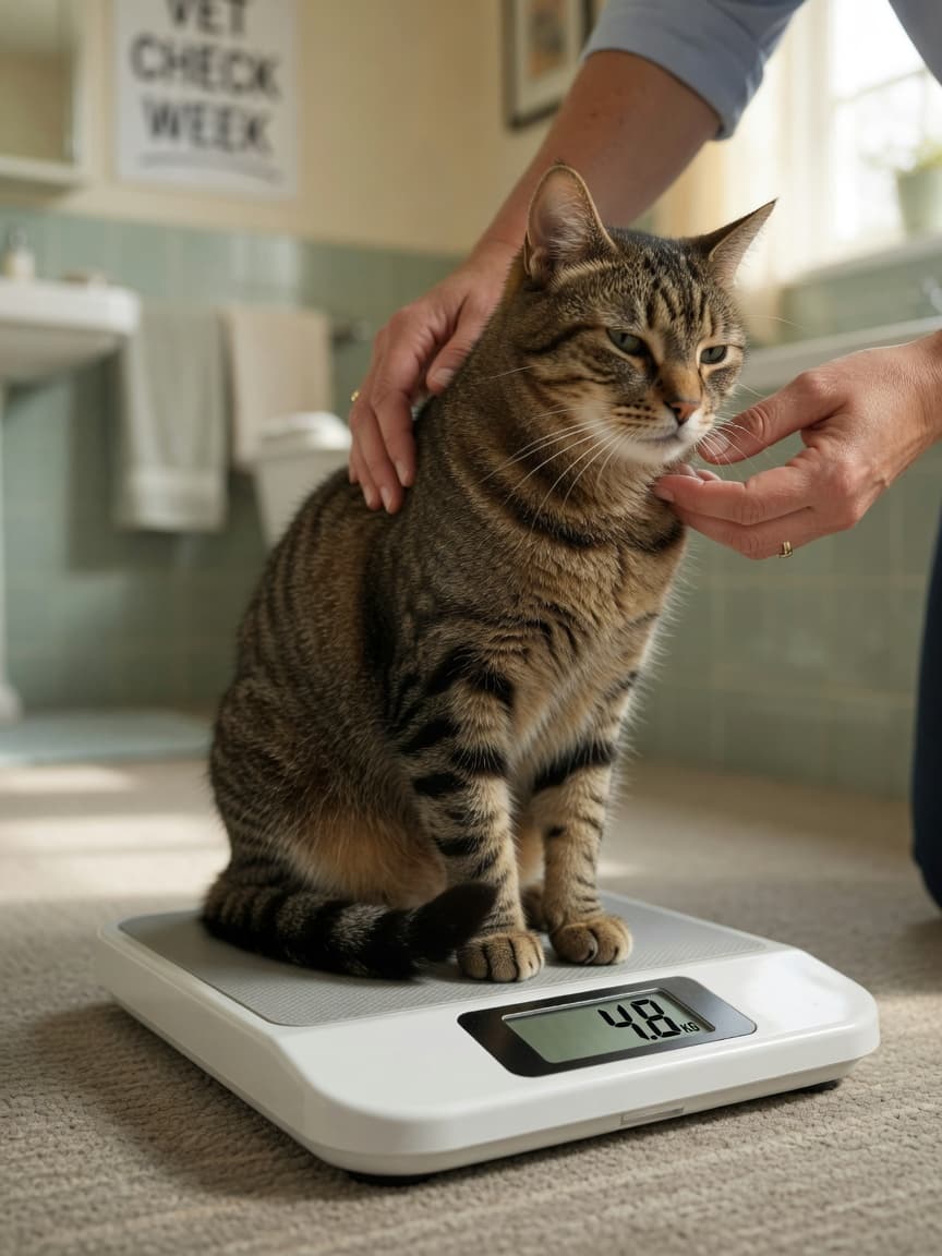 Cat being weighed on bathroom scale at home with owner's hands steadying it