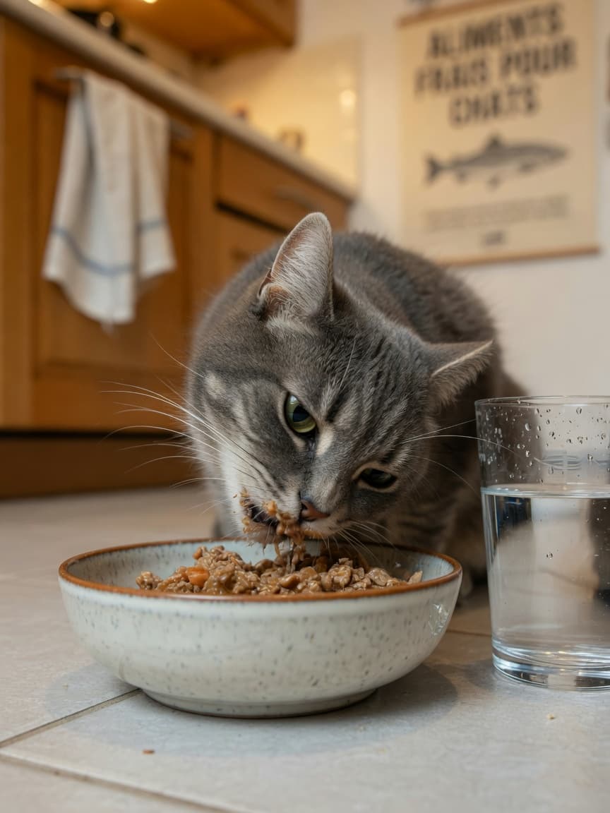 Grey tabby cat eating wet food from a bowl with fresh water nearby