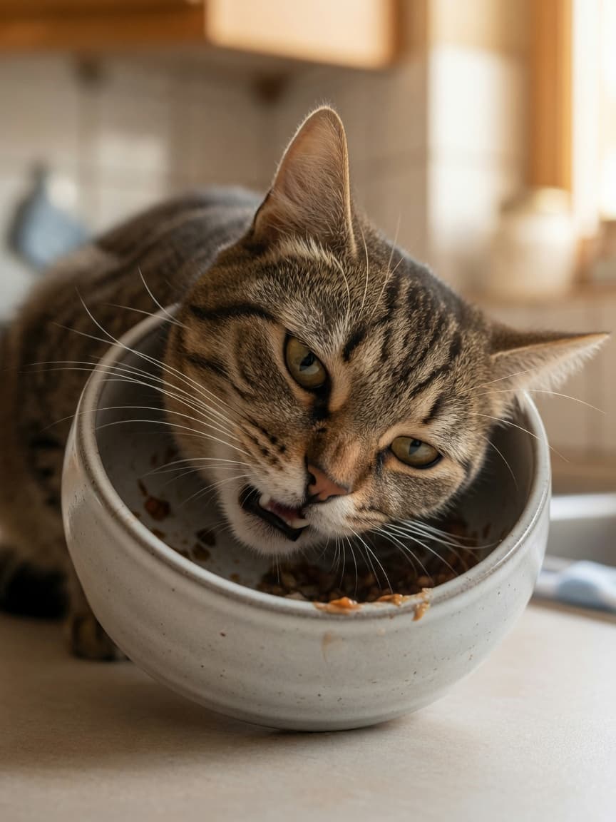 Tabby cat's face pressed against sides of a deep narrow food bowl, whiskers touching the ceramic during eating