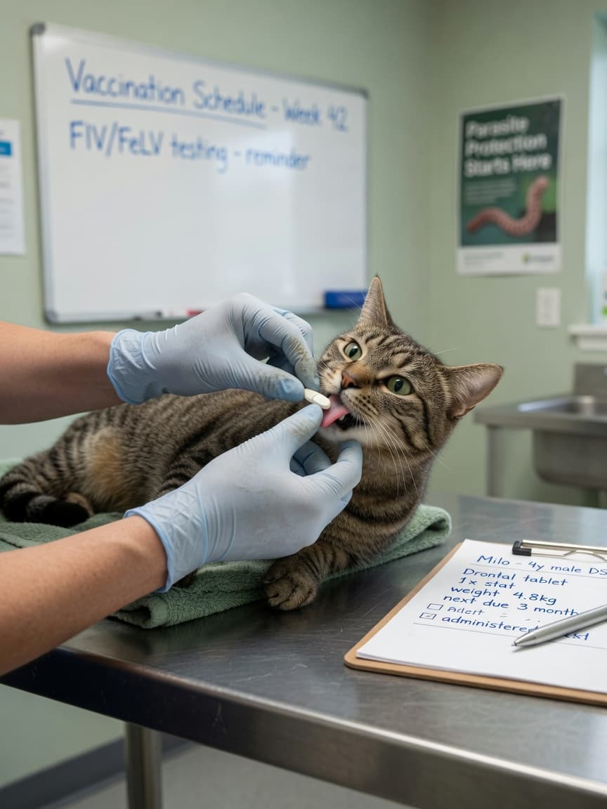 Veterinarian administering worming tablet to a cat during a clinical examination