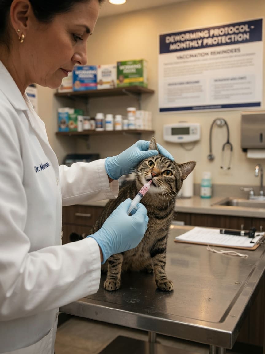 Veterinarian administering oral worming medication to a tabby cat on an examination table during a routine treatment appointment