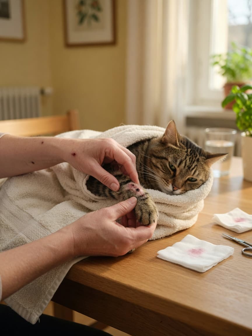 Cat owner carefully examining a small wound on a wrapped tabby cat's leg at home with gauze and warm lighting