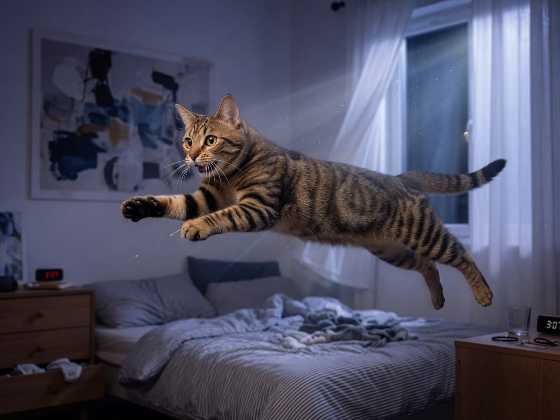 A tabby cat mid-leap during a 3am zoom session in a bedroom, captured with dynamic motion and moonlight