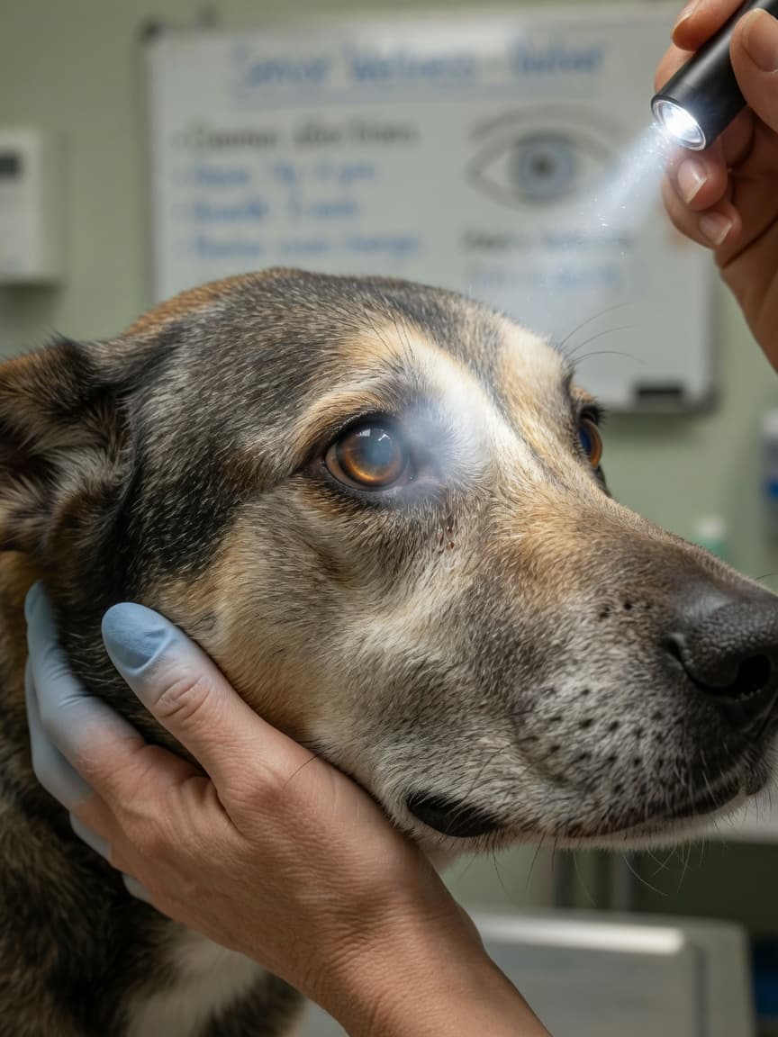 Close-up of an elderly dog's eye with nuclear sclerosis showing bluish-grey clouding, with veterinarian's hand gently examining using penlight